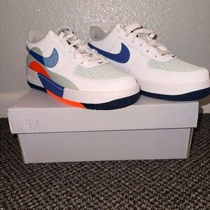 Nike Kids White and Blue Air Force 1 with Orange Accents 7Y
